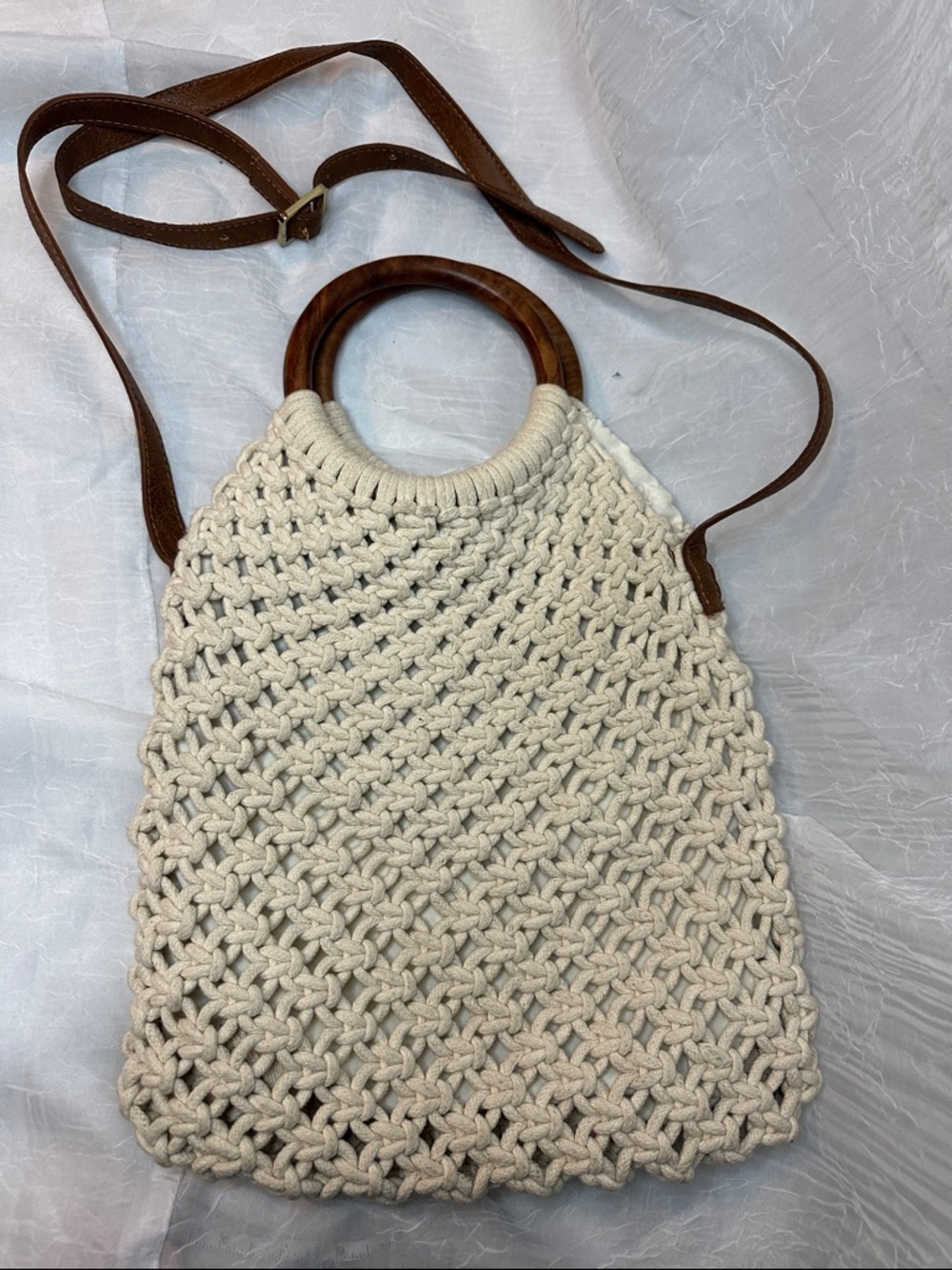 Cream Macramé Tote with Wood Handles and Crossbody